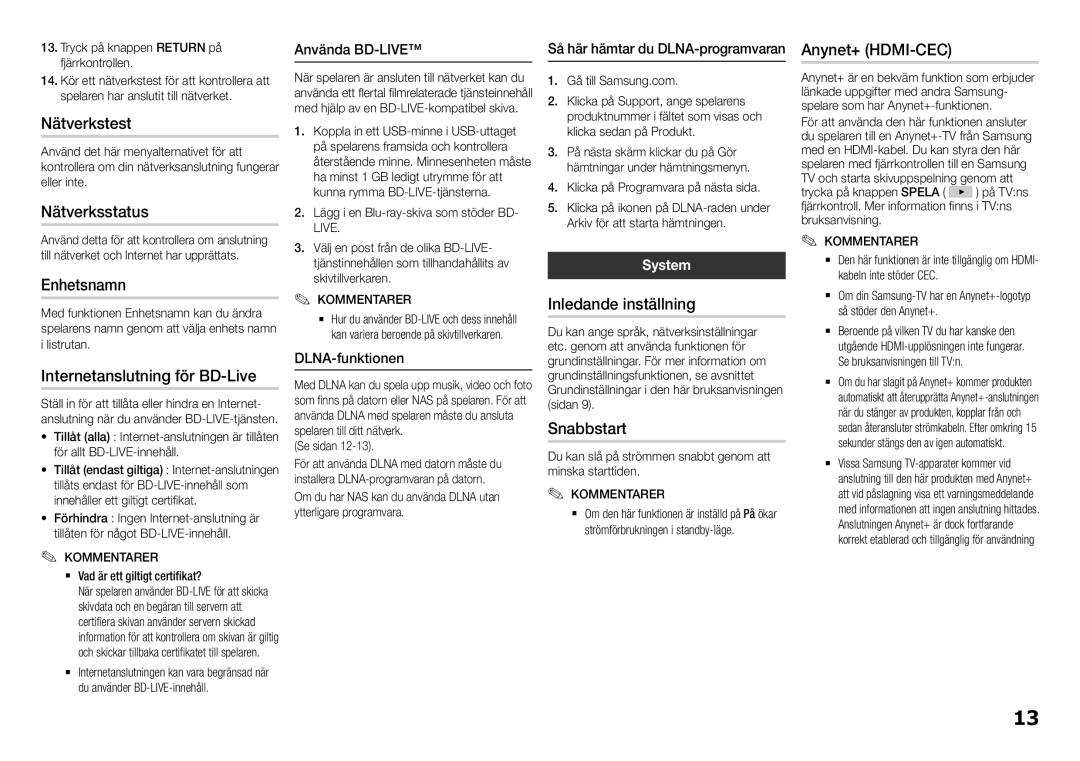 Samsung BD-H5500/XE manual Nätverkstest, Nätverksstatus, Enhetsnamn, Internetanslutning för BD-Live, Inledande inställning 