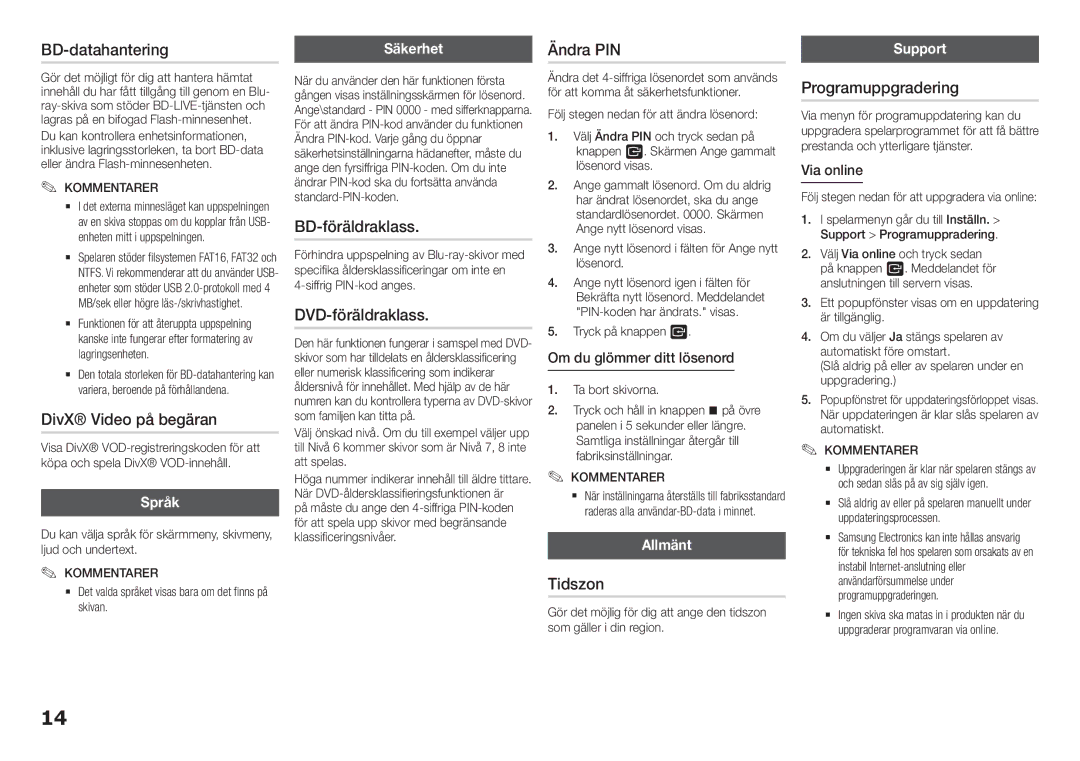 Samsung BD-H5500/XE manual BD-datahantering, DivX Video på begäran, Ändra PIN, BD-föräldraklass, DVD-föräldraklass, Tidszon 