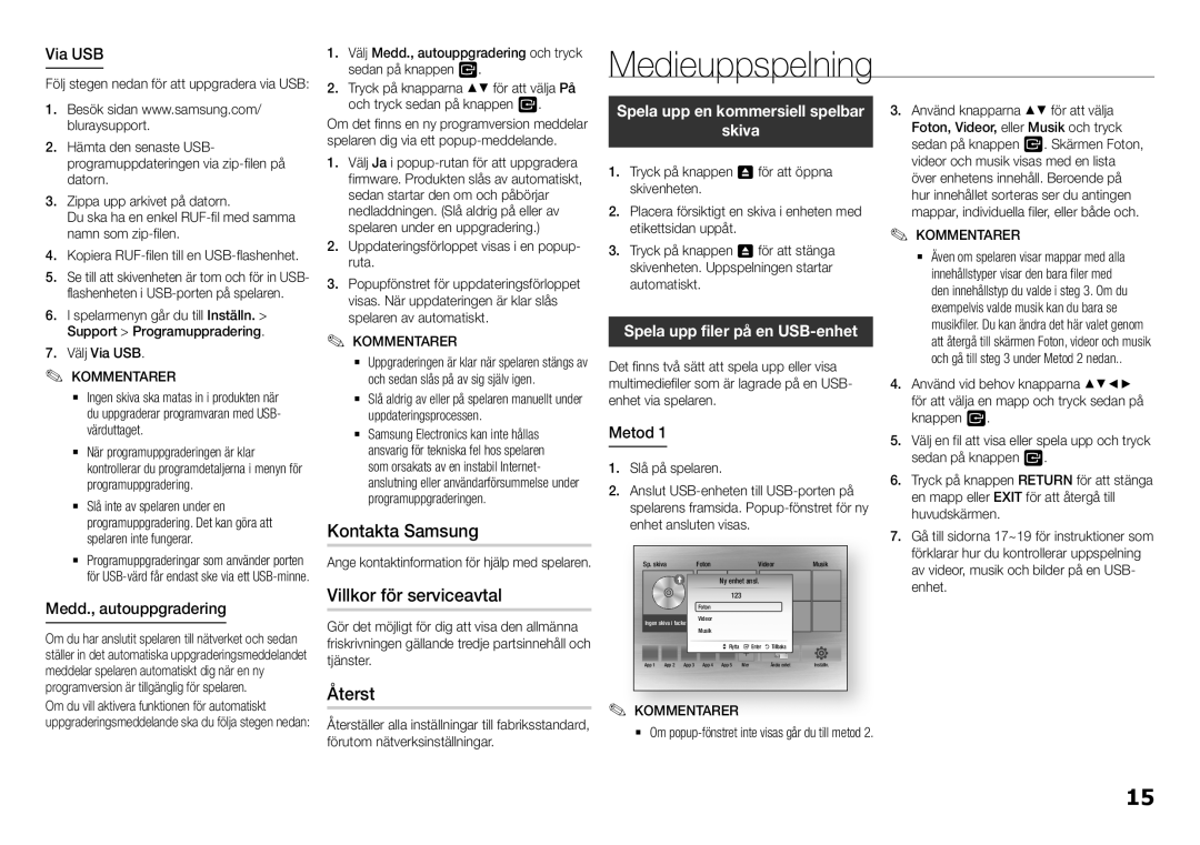 Samsung BD-H5500/XE manual Medieuppspelning, Kontakta Samsung, Villkor för serviceavtal, Återst 