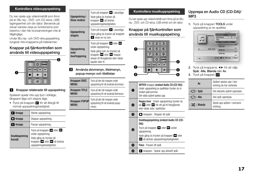 Samsung BD-H5500/XE manual Upprepa en Audio CD CD-DA/ MP3, Kontrollera videouppspelning, Kontrollera musikuppspelning 