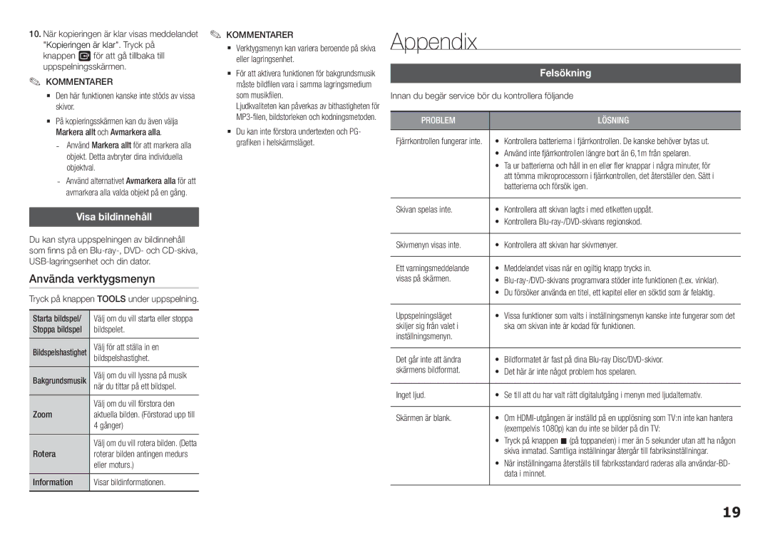 Samsung BD-H5500/XE manual Appendix, Använda verktygsmenyn, Visa bildinnehåll, Felsökning 