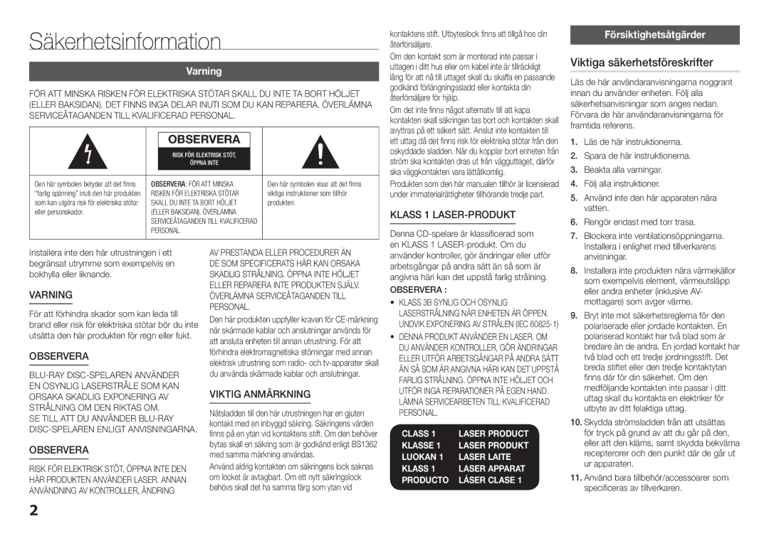 Samsung BD-H5500/XE manual Säkerhetsinformation, Viktiga säkerhetsföreskrifter, Varning, Försiktighetsåtgärder, Observera 