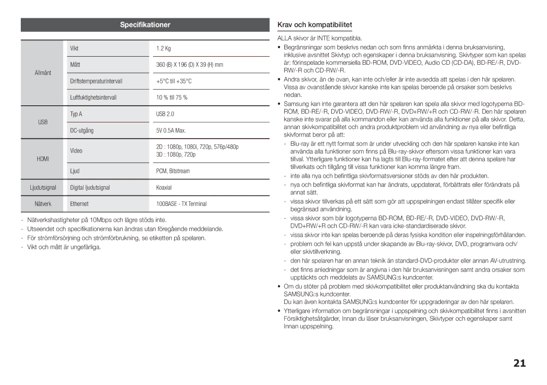 Samsung BD-H5500/XE manual Specifikationer, Krav och kompatibilitet 