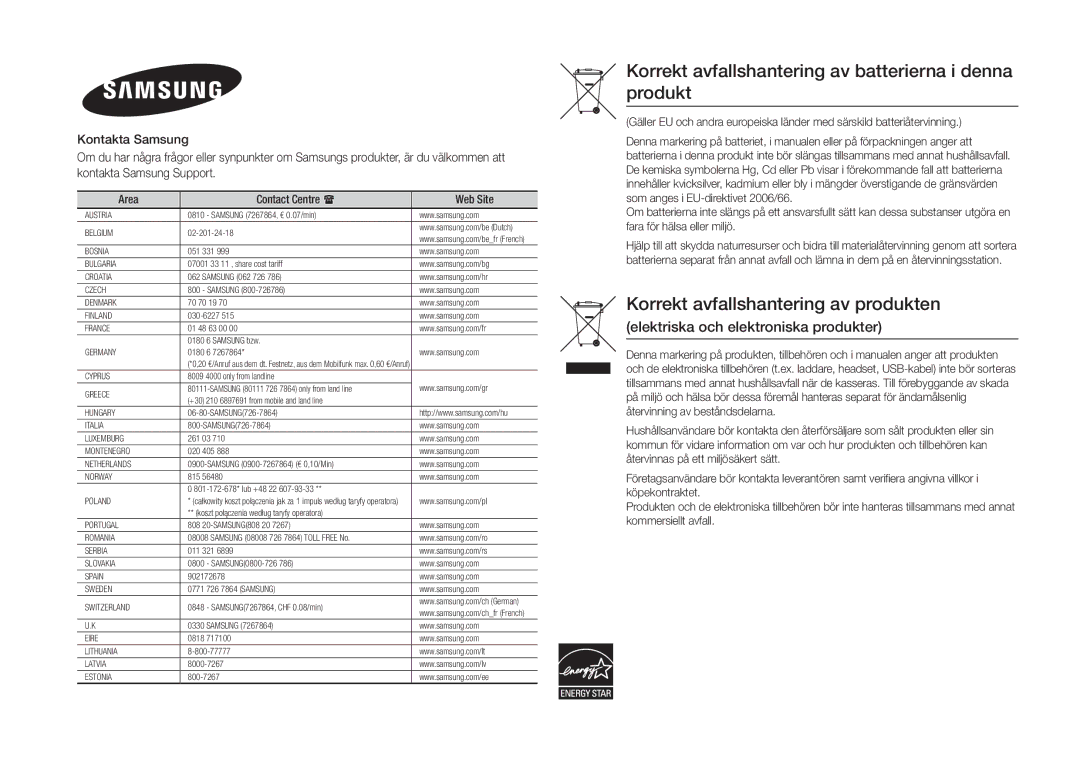 Samsung BD-H5500/XE manual Korrekt avfallshantering av batterierna i denna produkt 