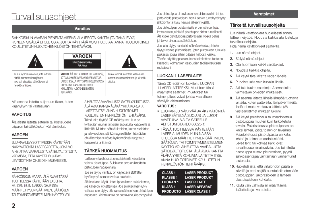 Samsung BD-H5500/XE manual Turvallisuusohjeet, Tärkeitä turvallisuusohjeita, Varoitus, Varotoimet 