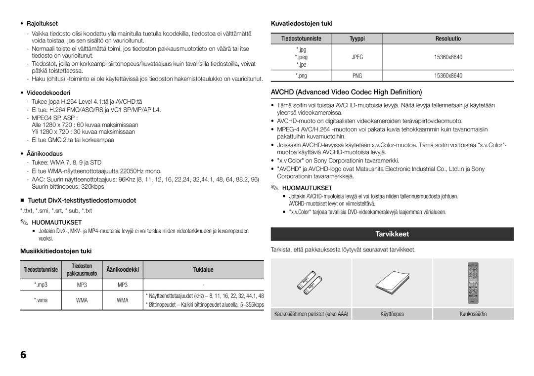 Samsung BD-H5500/XE manual Tarvikkeet, „„ Tuetut DivX-tekstitystiedostomuodot, Musiikkitiedostojen tuki 