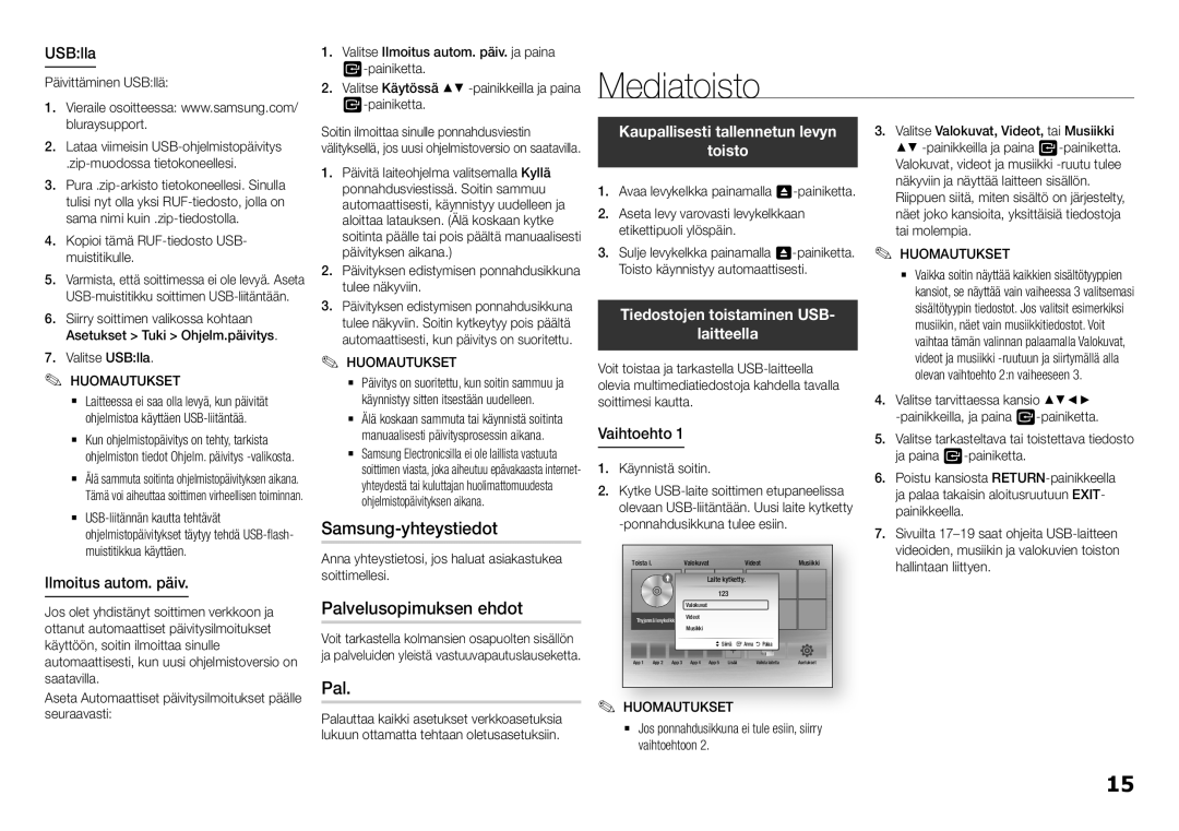 Samsung BD-H5500/XE manual Mediatoisto, Samsung-yhteystiedot, Palvelusopimuksen ehdot 