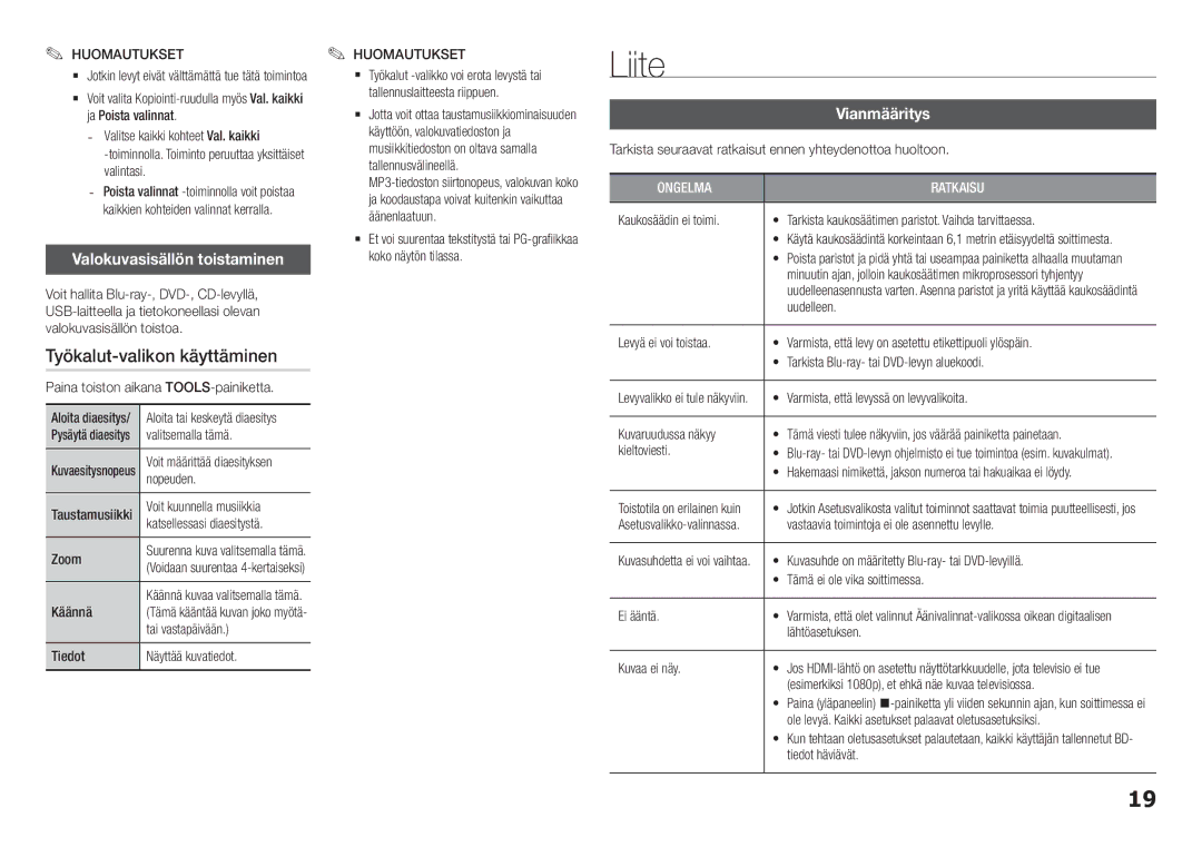 Samsung BD-H5500/XE manual Liite, Työkalut-valikon käyttäminen, Valokuvasisällön toistaminen, Vianmääritys 