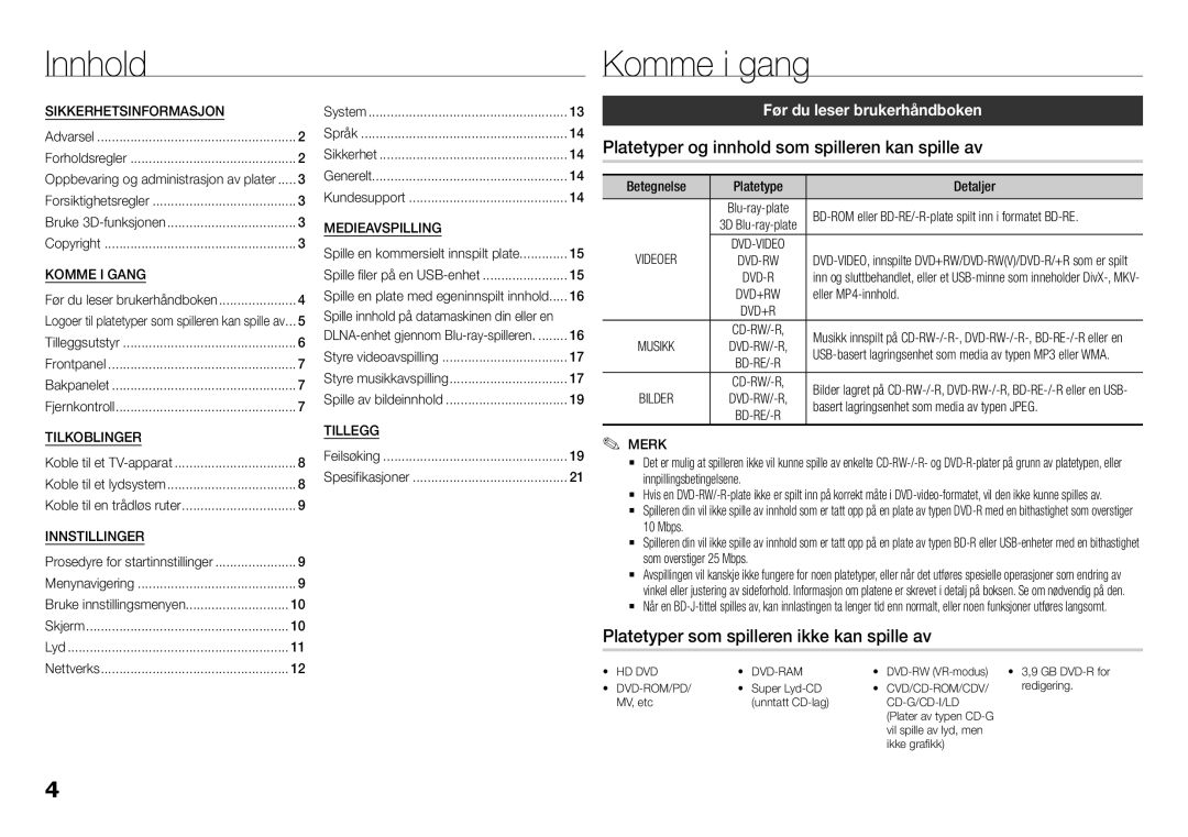 Samsung BD-H5500/XE Innhold Komme i gang, Platetyper og innhold som spilleren kan spille av, Før du leser brukerhåndboken 