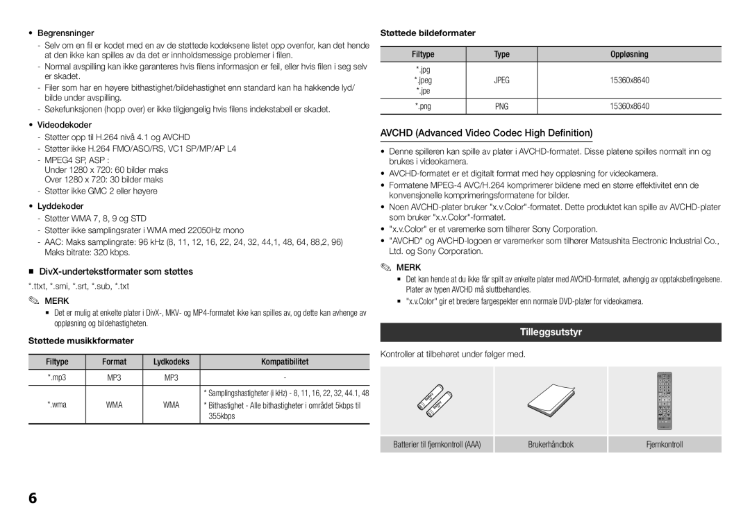 Samsung BD-H5500/XE manual Tilleggsutstyr, „„ DivX-undertekstformater som støttes, Støttede musikkformater 