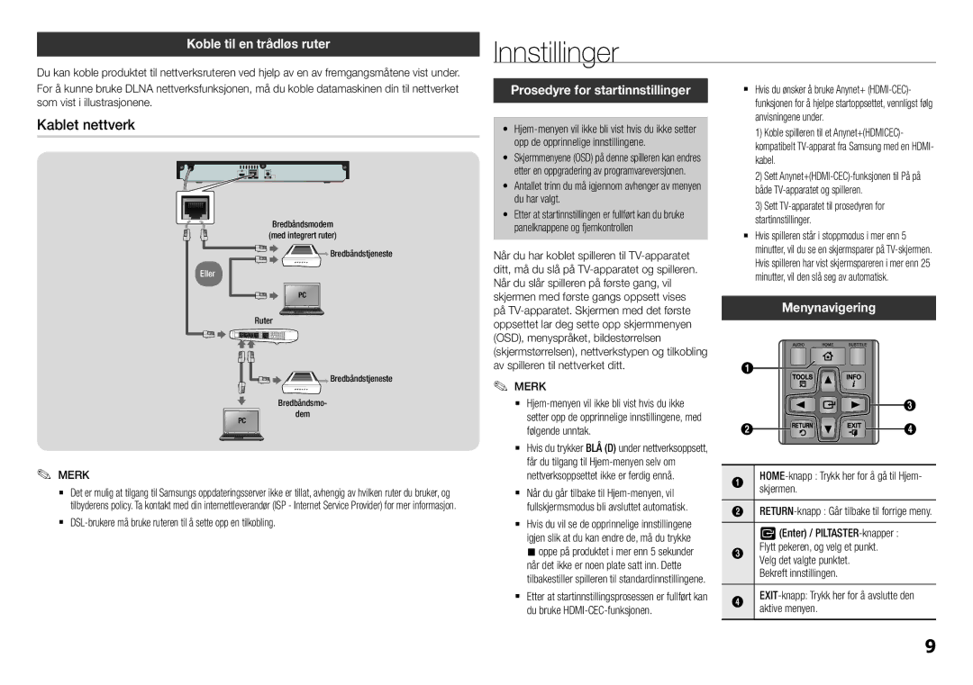 Samsung BD-H5500/XE manual Innstillinger, Kablet nettverk, Koble til en trådløs ruter, Prosedyre for startinnstillinger 