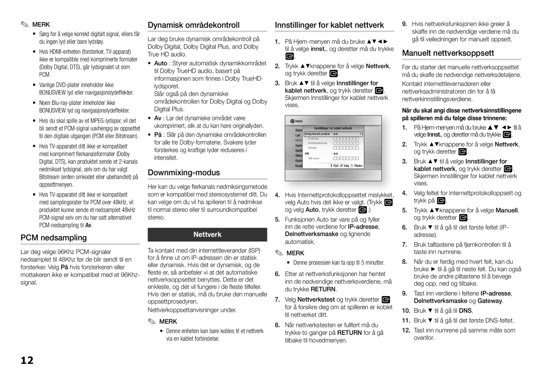 Samsung BD-H5500/XE manual PCM nedsampling, Dynamisk områdekontroll, Downmixing-modus, Innstillinger for kablet nettverk 