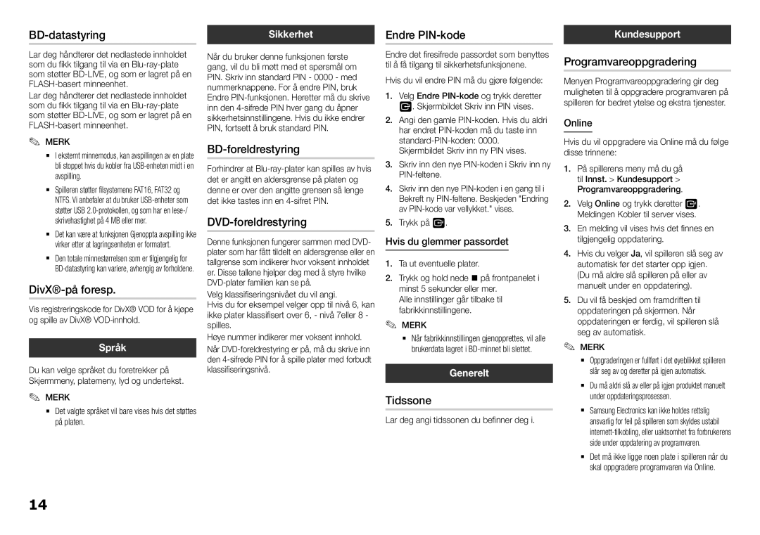 Samsung BD-H5500/XE manual BD-datastyring Endre PIN-kode, DivX-på foresp, BD-foreldrestyring, DVD-foreldrestyring, Tidssone 