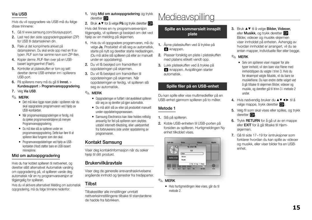 Samsung BD-H5500/XE manual Medieavspilling, Kontakt Samsung, Brukervilkåravtale, Tilbst 