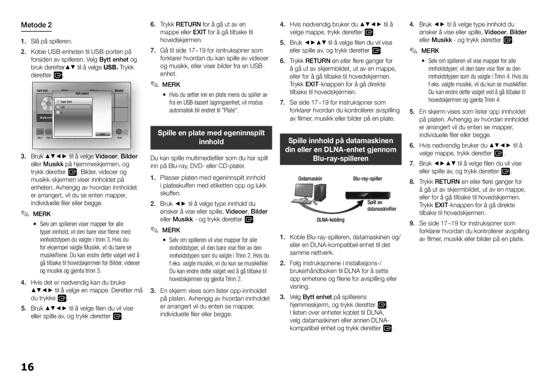 Samsung BD-H5500/XE manual Innhold, Hvis nødvendig bruker du til å velge mappe, trykk deretter, DatamaskinBlu-ray-spiller 