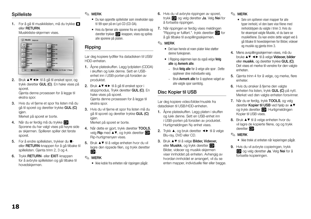 Samsung BD-H5500/XE manual Spilleliste, Ripping, Disc Kopier til USB 