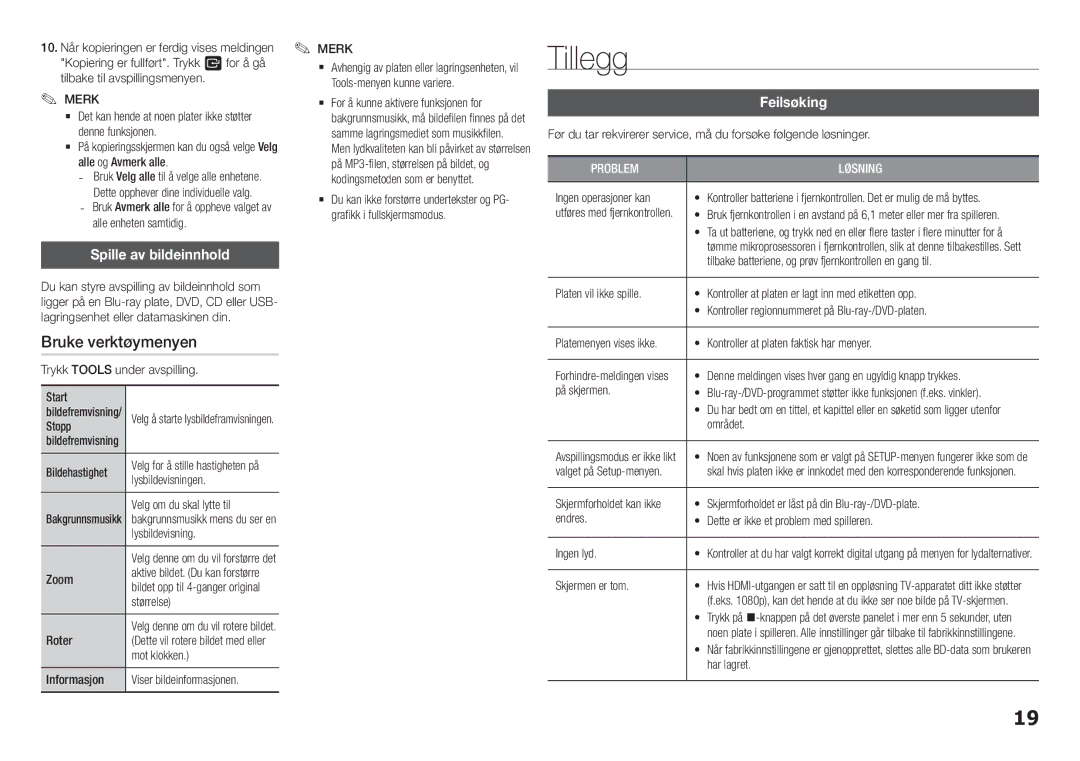 Samsung BD-H5500/XE manual Tillegg, Bruke verktøymenyen, Spille av bildeinnhold, Feilsøking 