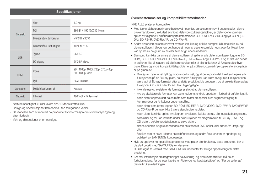 Samsung BD-H5500/XE manual Spesifikasjoner, Overensstemmelser og kompatibilitetsmerknader 