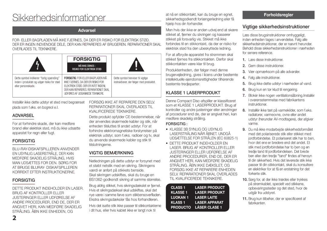 Samsung BD-H5500/XE manual Sikkerhedsinformationer, Vigtige sikkerhedsinstruktioner, Forsigtig 