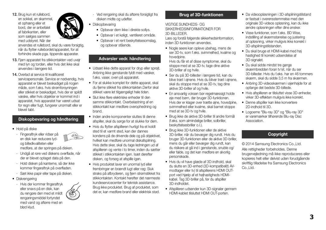 Samsung BD-H5500/XE manual Diskopbevaring og håndtering, Advarsler vedr. håndtering, Brug af 3D-funktionen 