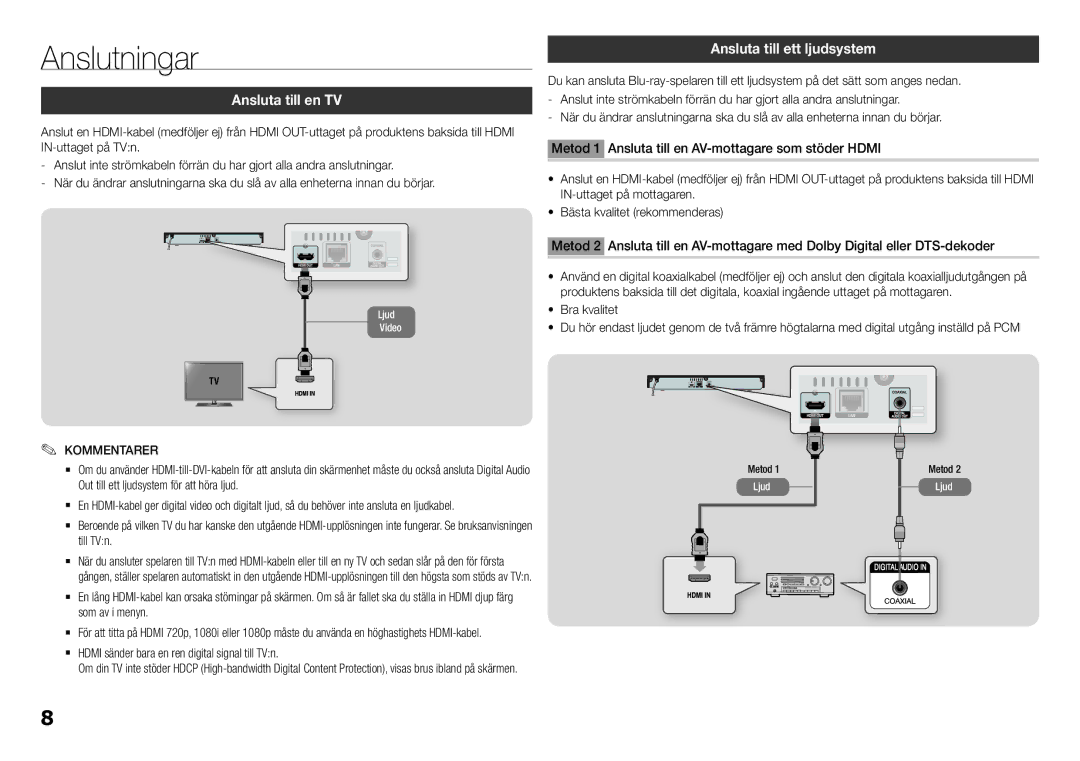 Samsung BD-H5500/XE manual Anslutningar, Ansluta till en TV, Ansluta till ett ljudsystem, Metod 