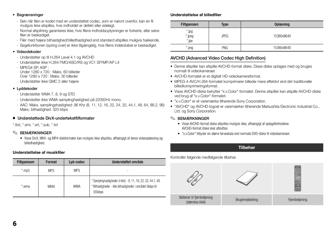 Samsung BD-H5500/XE manual Tilbehør, „„ Understøttede DivX-undertekstfilformater, Understøttelse af musikfiler 