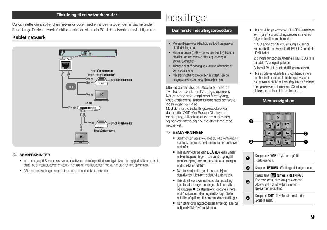 Samsung BD-H5500/XE Indstillinger, Kablet netværk, Tilslutning til en netværksrouter, Den første indstillingsprocedure 