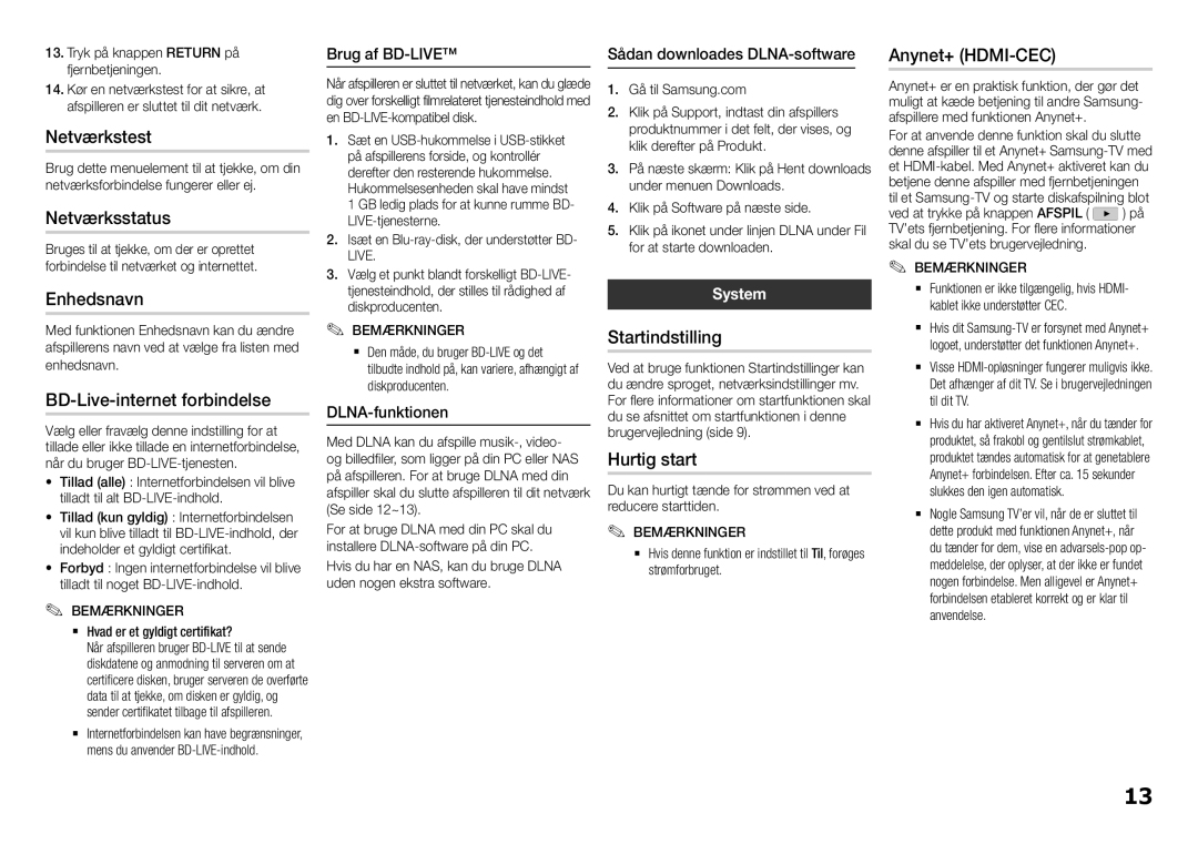 Samsung BD-H5500/XE Netværkstest, Netværksstatus, Enhedsnavn, BD-Live-internet forbindelse, Startindstilling, Hurtig start 