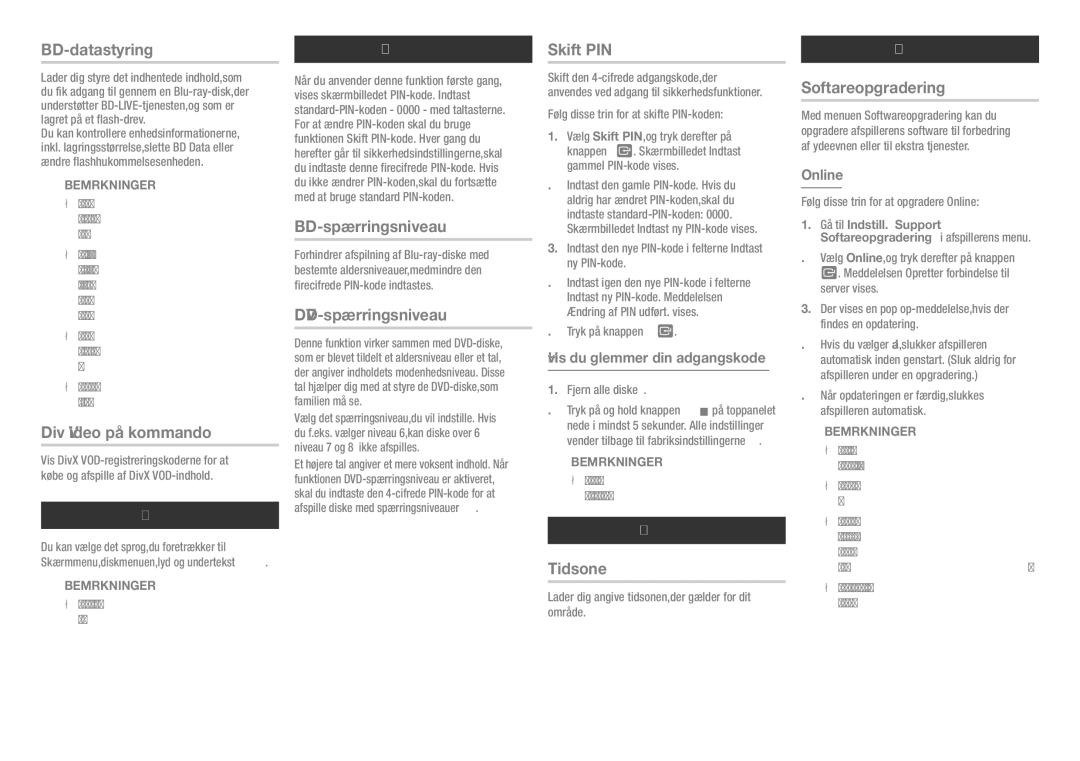 Samsung BD-H5500/XE manual BD-datastyring, DivX Video på kommando, BD-spærringsniveau, DVD-spærringsniveau, Tidszone 