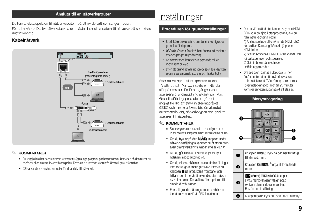 Samsung BD-H5500/XE manual Inställningar, Kabelnätverk, Ansluta till en nätverksrouter, Proceduren för grundinställningar 