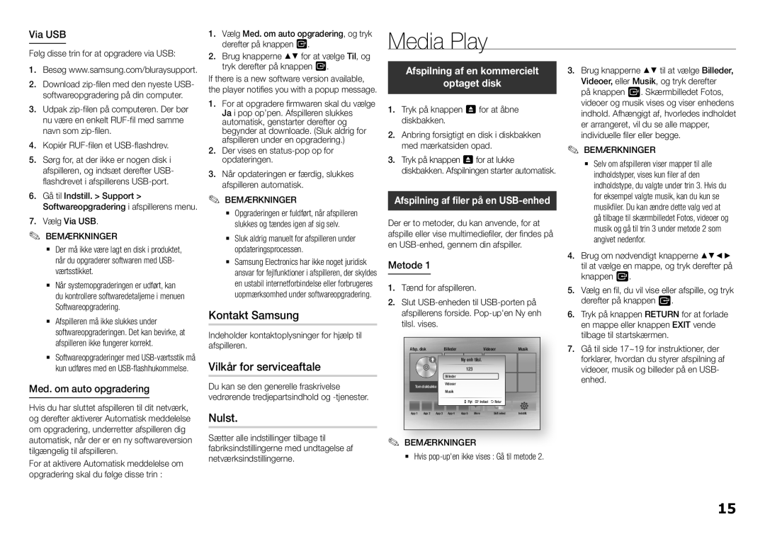 Samsung BD-H5500/XE manual Media Play, Vilkår for serviceaftale, Nulst, Med. om auto opgradering 