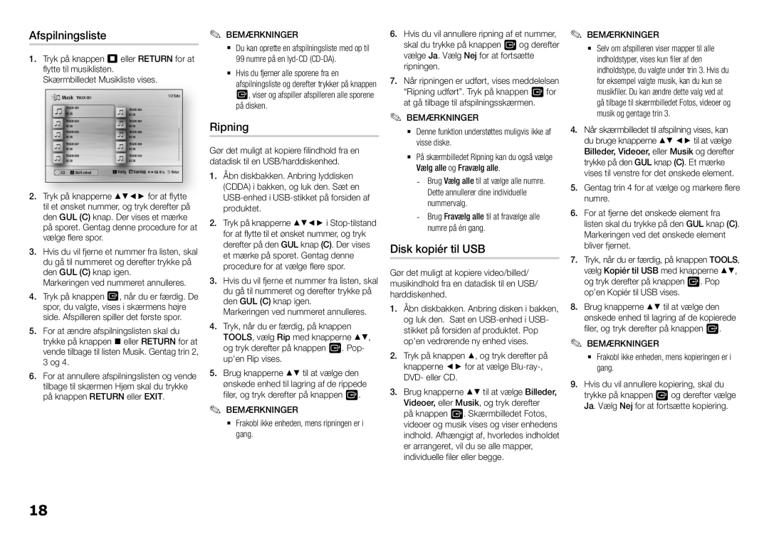 Samsung BD-H5500/XE manual Afspilningsliste, Ripning, Disk kopiér til USB 