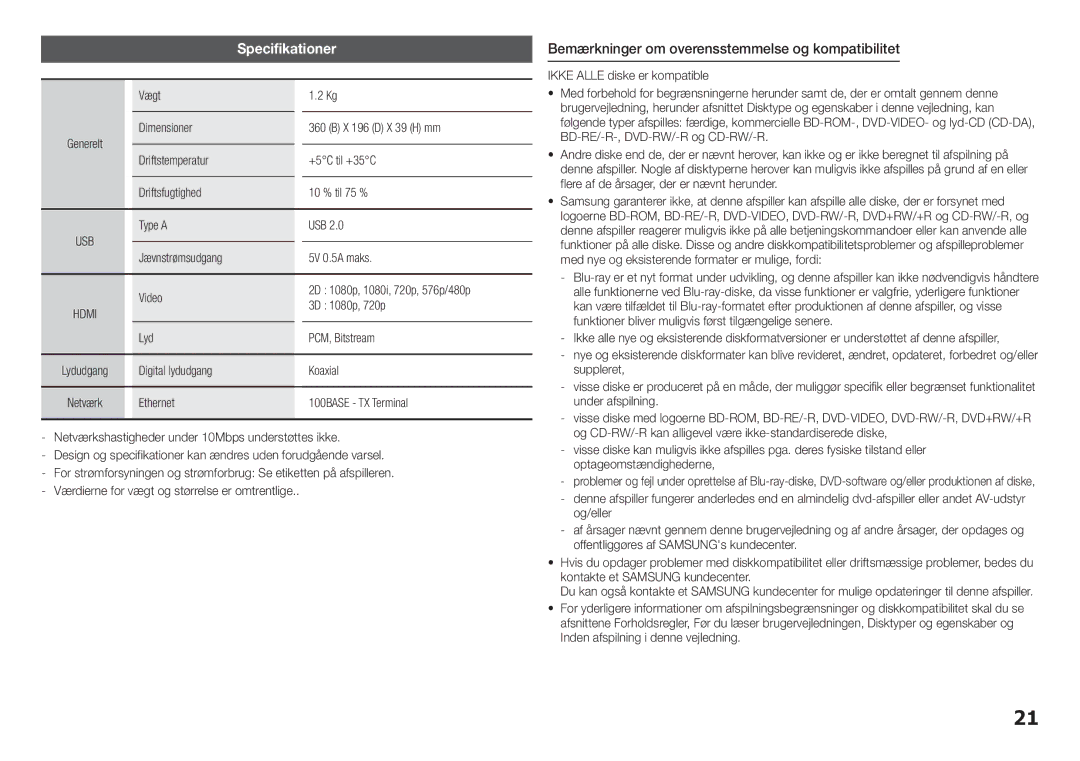 Samsung BD-H5500/XE manual Bemærkninger om overensstemmelse og kompatibilitet 