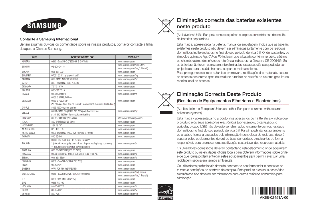 Samsung BD-H5500/ZF manual Eliminação correcta das baterias existentes neste produto 