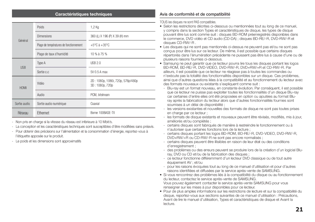 Samsung BD-H5500/ZF manual Caractéristiques techniques, Ethernet, Avis de conformité et de compatibilité 