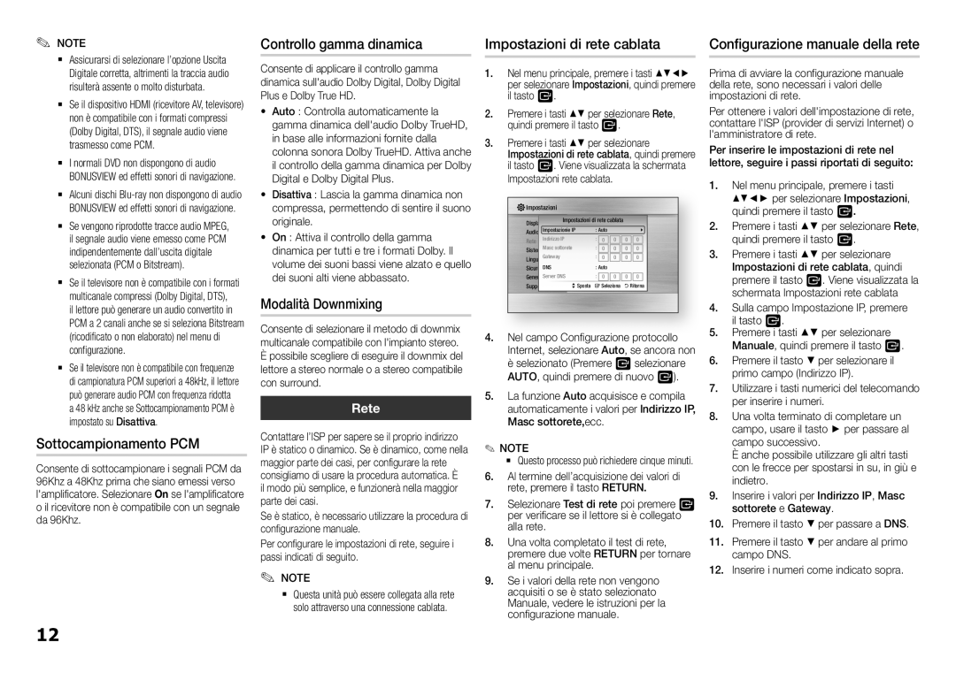 Samsung BD-H5500/ZF Controllo gamma dinamica Impostazioni di rete cablata, Sottocampionamento PCM, Modalità Downmixing 