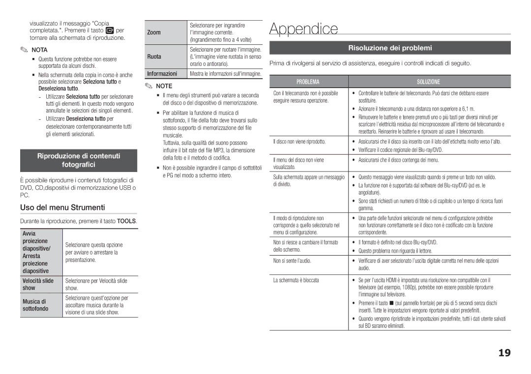 Samsung BD-H5500/ZF Appendice, Uso del menu Strumenti, Riproduzione di contenuti Fotografici, Risoluzione dei problemi 