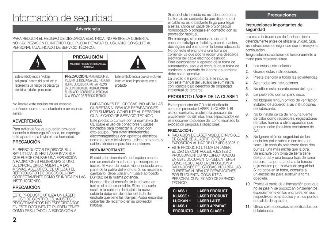 Samsung BD-H5500/ZF manual Información de seguridad, Advertencia, Precauciones 