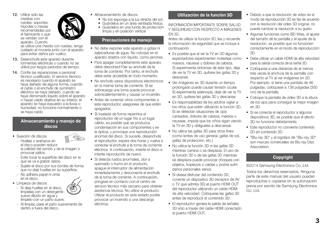 Samsung BD-H5500/ZF manual Almacenamiento y manejo de Discos, Precauciones de manejo, Utilización de la función 3D 