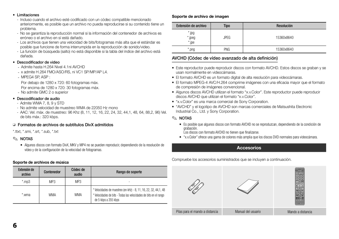 Samsung BD-H5500/ZF manual Avchd Códec de vídeo avanzado de alta definición, Accesorios, De 5 kbps a 355 kbps 