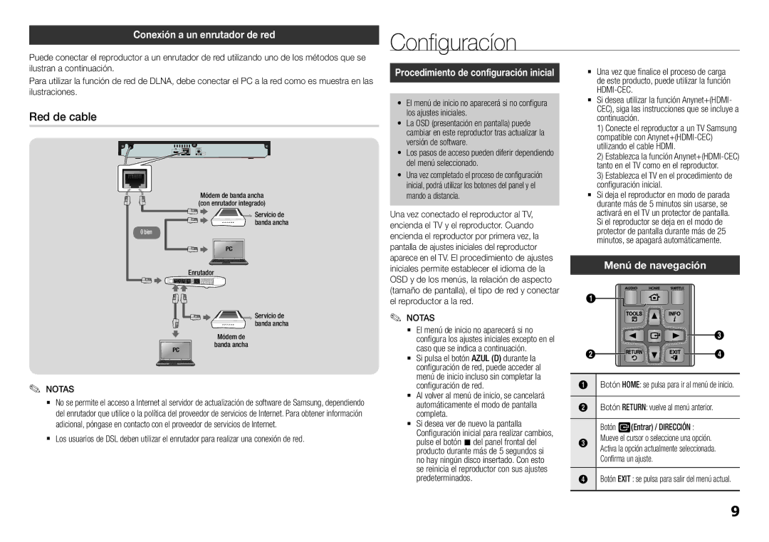 Samsung BD-H5500/ZF manual Configuracíon, Red de cable, Conexión a un enrutador de red, Menú de navegación 