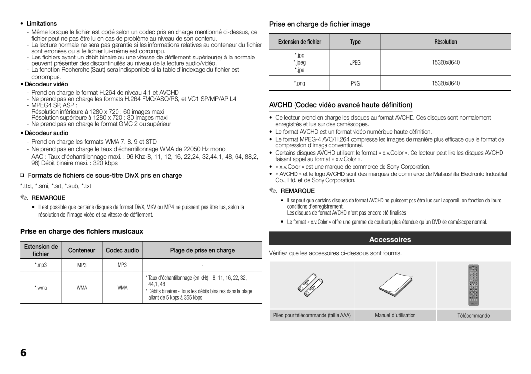 Samsung BD-H5500/ZF Prise en charge de fichier image, Avchd Codec vidéo avancé haute définition, Accessoires, Remarque 