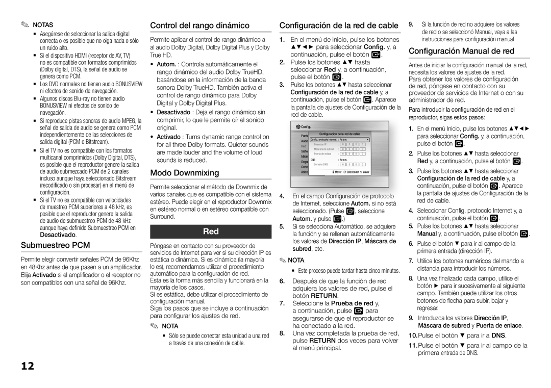 Samsung BD-H5500/ZF manual Control del rango dinámico, Submuestreo PCM, Modo Downmixing, Configuración Manual de red 