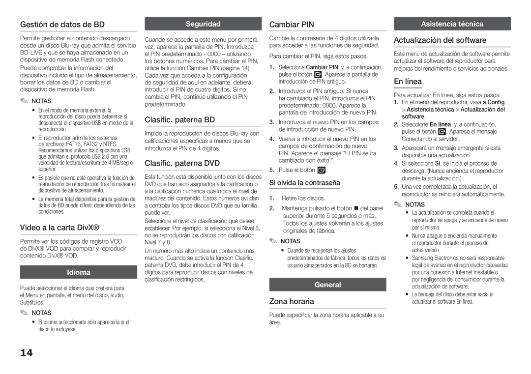 Samsung BD-H5500/ZF Gestión de datos de BD, Video a la carta DivX, Clasific. paterna BD, Clasific. paterna DVD, En línea 