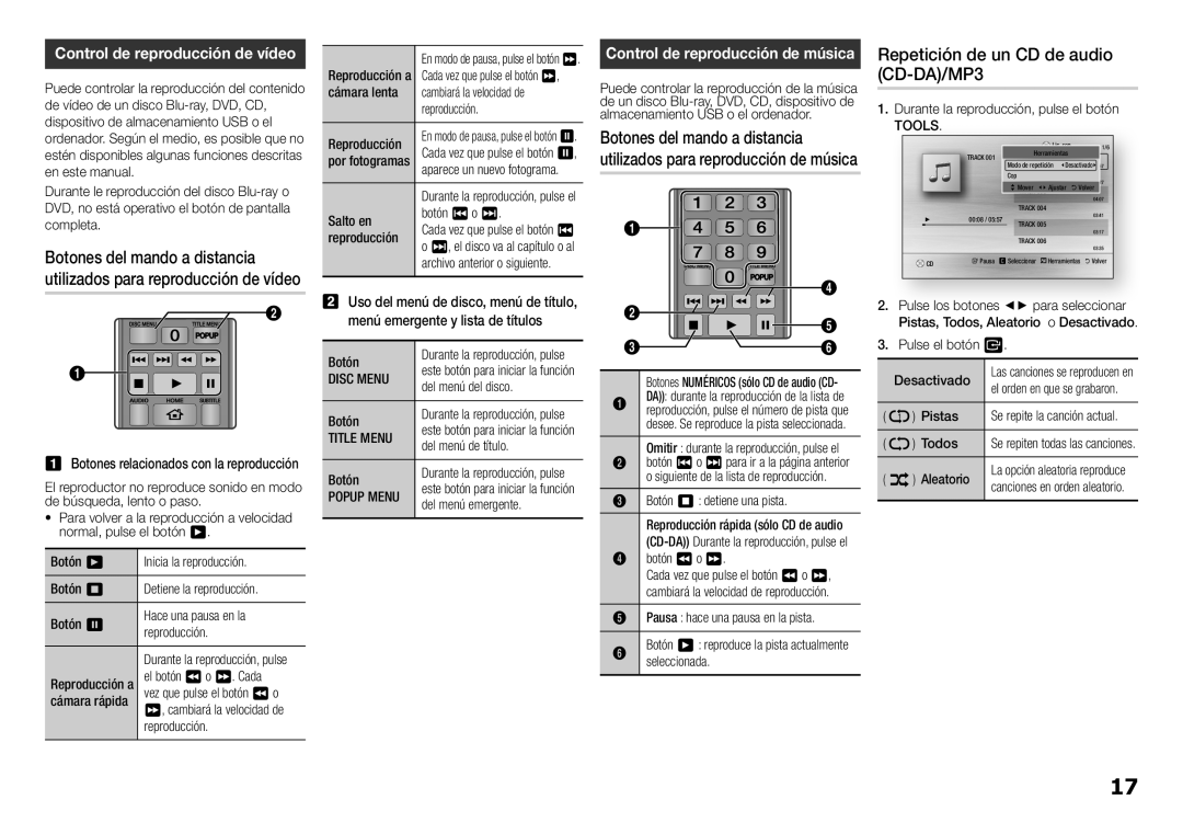 Samsung BD-H5500/ZF manual Repetición de un CD de audio CD-DA/MP3, Botones del mando a distancia 