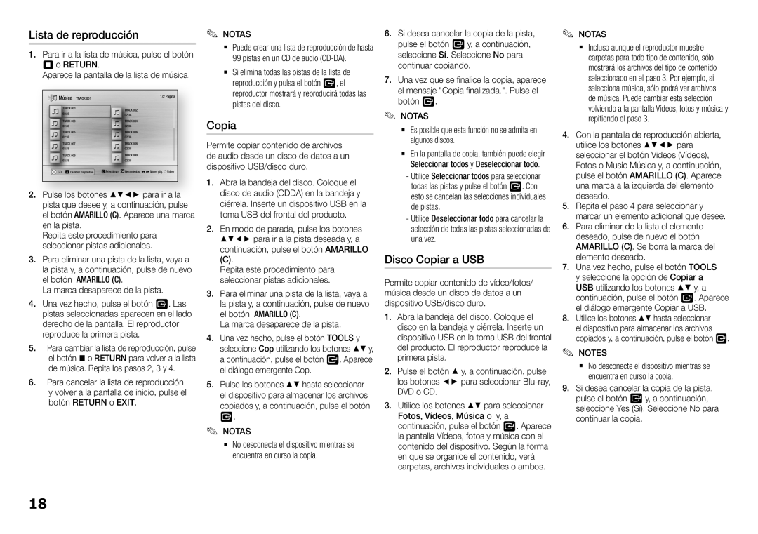 Samsung BD-H5500/ZF manual Lista de reproducción, Disco Copiar a USB, La marca desaparece de la pista 