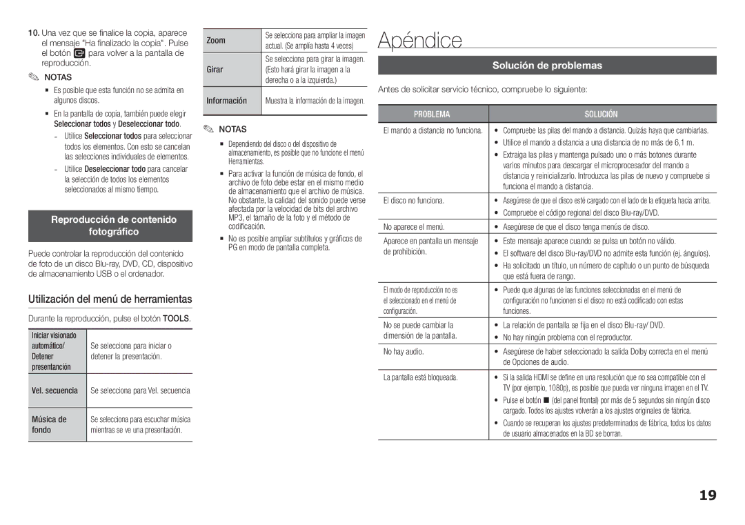 Samsung BD-H5500/ZF manual Apéndice, Reproducción de contenido Fotográfico, Utilización del menú de herramientas 