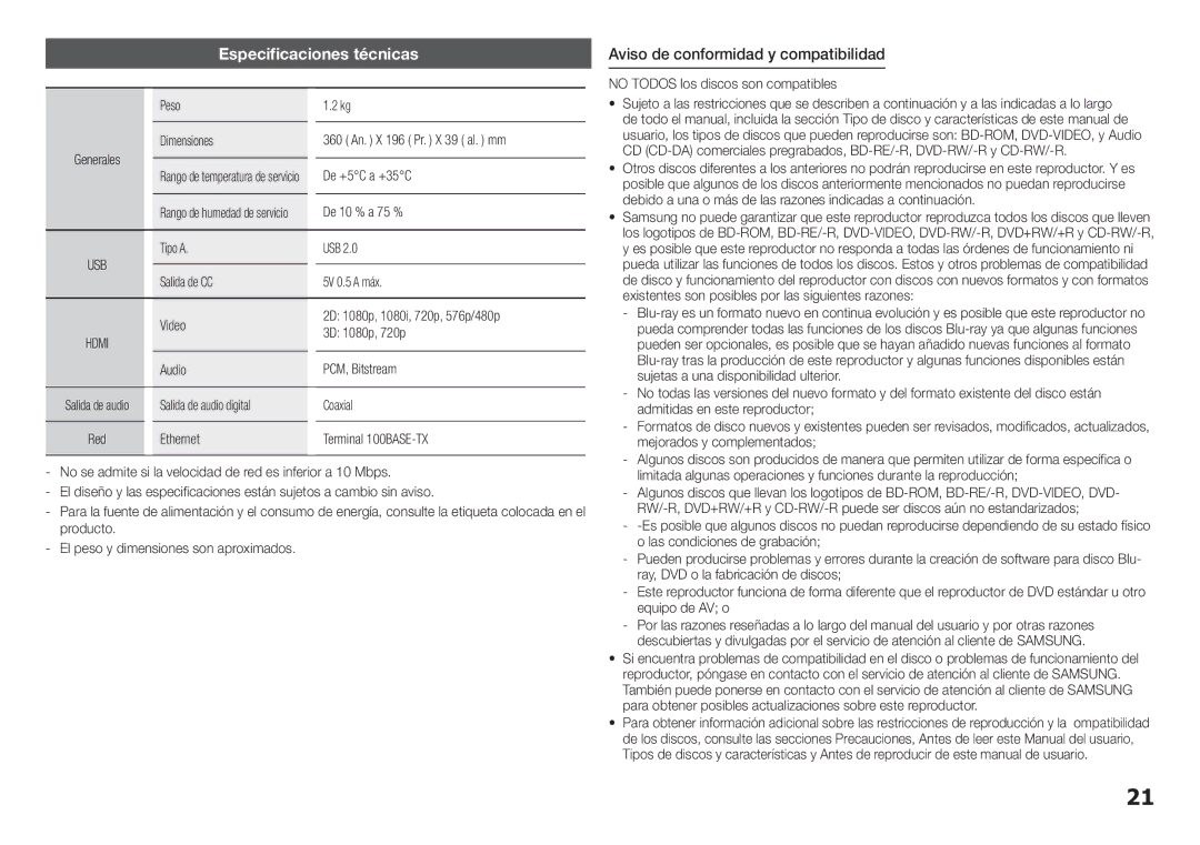 Samsung BD-H5500/ZF manual Especificaciones técnicas, Aviso de conformidad y compatibilidad 