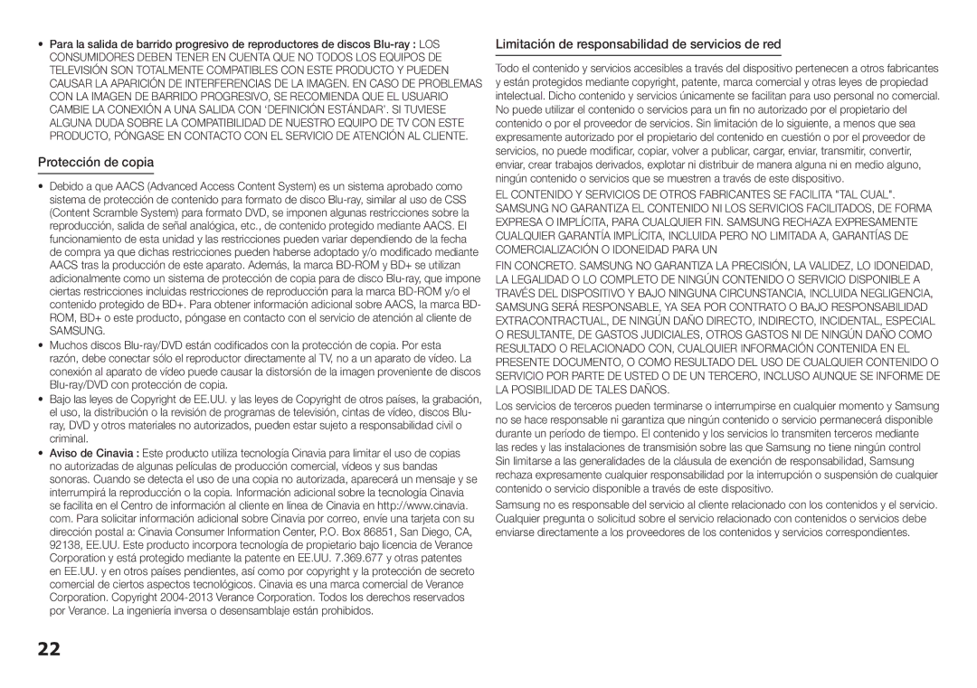 Samsung BD-H5500/ZF manual Protección de copia, Limitación de responsabilidad de servicios de red, Samsung 