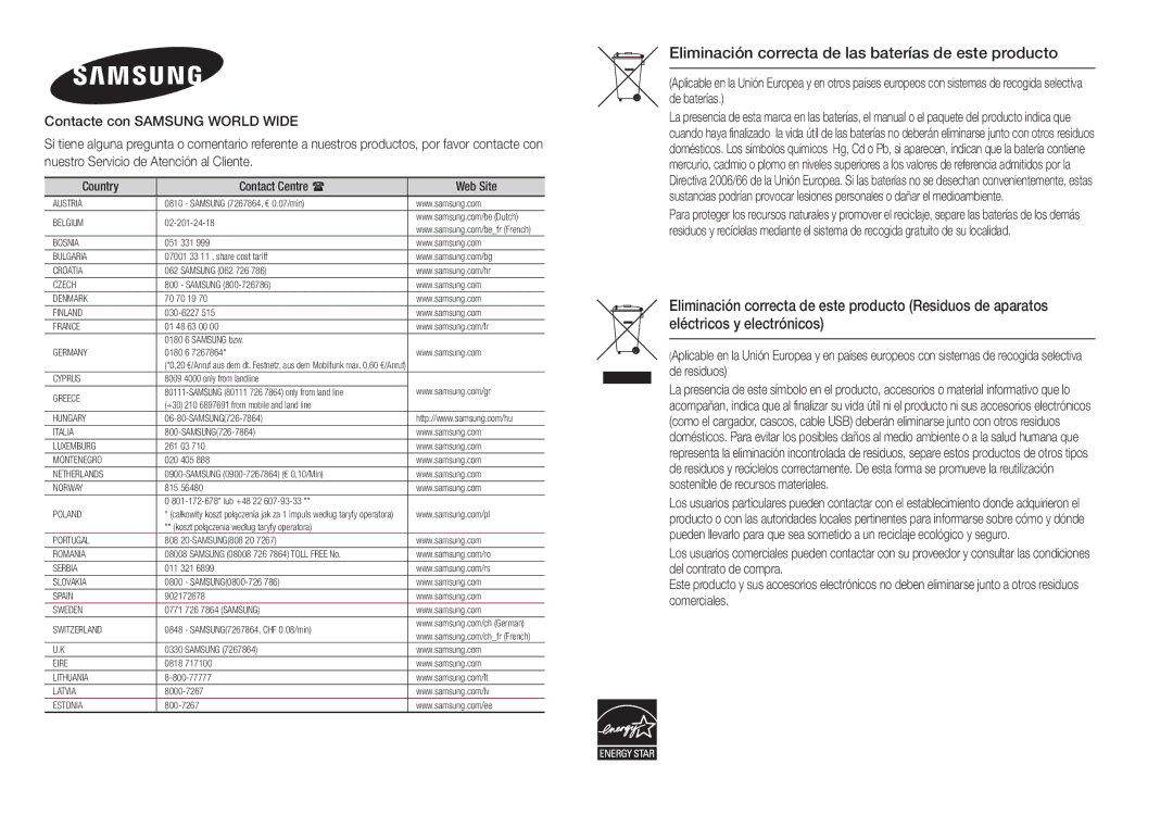 Samsung BD-H5500/ZF manual Eliminación correcta de las baterías de este producto 